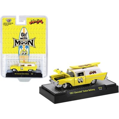 1957 Chevrolet Sedan Delivery Yellow & Surfboard "Mooneyes" Santa Fe Springs LTD ED to 7150 pcs 1/64 Diecast Car by M2 Machines