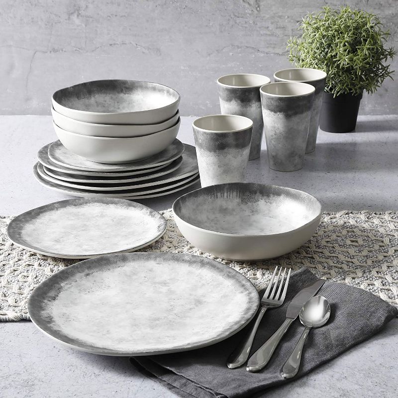 Gibson Home Gray Granite Round Melamine Everyday 16 Piece Reactive Glaze Dinnerware Set Plates, Bowls, and Cups, Grey Stone, 4 of 7