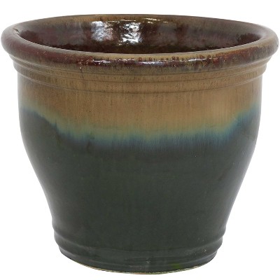 Sunnydaze Studio Outdoor/Indoor High-Fired Glazed UV- and Frost-Resistant Ceramic Planter with Drainage Holes - 15" Diameter - Forest Lake Green