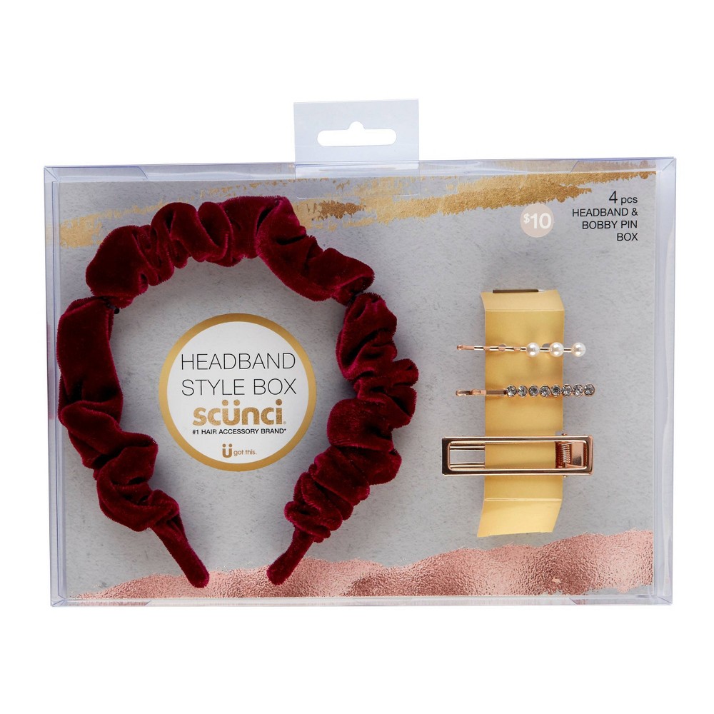 scunci Rouched Headband & Bobby Pin Gift Set - Bordeaux - 4pk