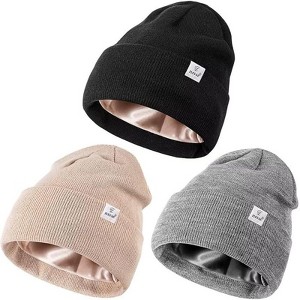 Zuppad 3 Pack Satin Lined Winter Beanie Hats for Women Men,Silk Lined Womens Beanies Knit Soft Warm Cuffed Hats - 1 of 4