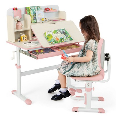 Tangkula Pink Kids Desk & Chair Set Height Adjustable Children School Study Table & Chair