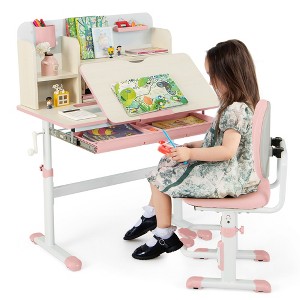 Tangkula Pink Kids Desk & Chair Set Height Adjustable Children School Study Table & Chair - 1 of 4