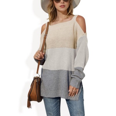 Anna-Kaci Women's Color Block Knit Sweater with Cold Shoulder Detail