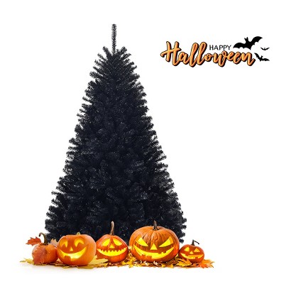 Tangkula Artificial Christmas Tree Halloween Hinged Spruce Full Tree with Metal Stand Black