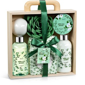 Freida & Joe White Rose And Jasmine Spa Gift Set Elegant 7-pc Bath Collection Wood Curio - 1 of 4