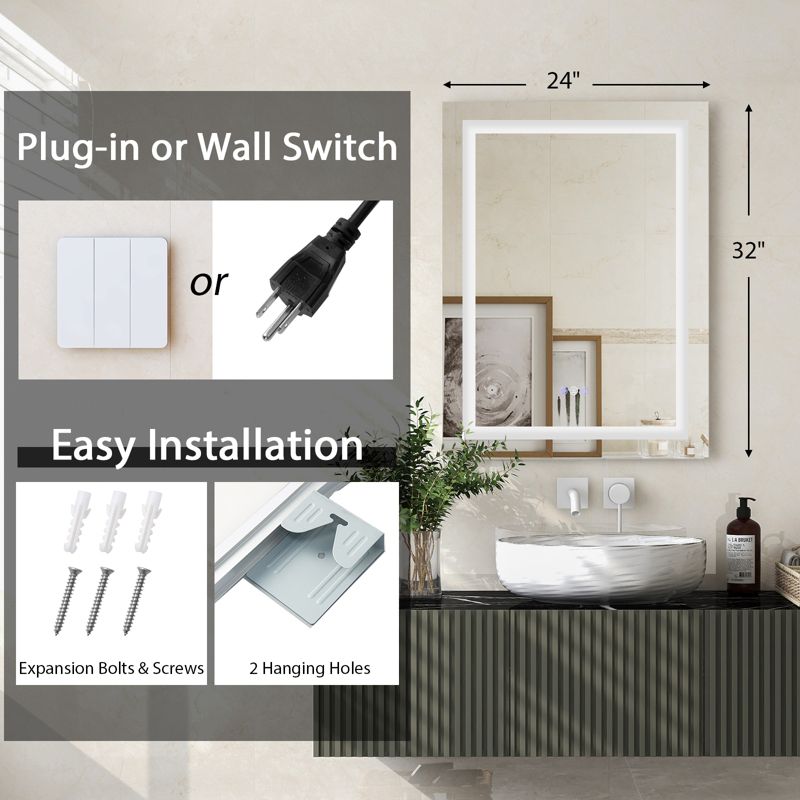 Costway 32'' x 24'' Bathroom Wall Mirror Makeup Mirror with Colorful Light Anti-Fog, 4 of 11