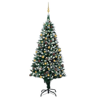 vidaXL Artificial Christmas Tree with LED Lights, Gold Balls and Pine Cones Set, Fake Snow Tips, Green and White