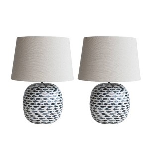 Storied Home (Set of 2) Coastal Capiz and Bamboo Table Lamps with Fish Design Blue and White: Nautical Drum Shades, ETL & UL Listed - 1 of 4