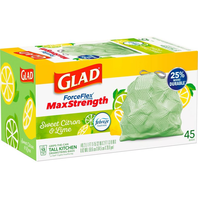 Glad ForceFlex MaxStrength Tall Kitchen Drawstring Trash Bags - Febreze Sweet Citron &#38; Lime - 13 Gallon/45ct, 4 of 18