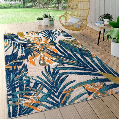 Tropical Floral Leaves Multi 5' x 7' Flat Woven Area Rug