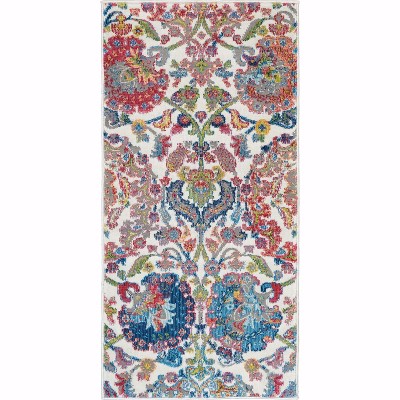 Ivory and Blue Floral Synthetic 2' x 4' Area Rug