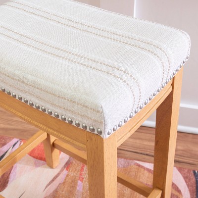 Natural Wood Backless Saddle Counter Stool with Striped Linen Seat