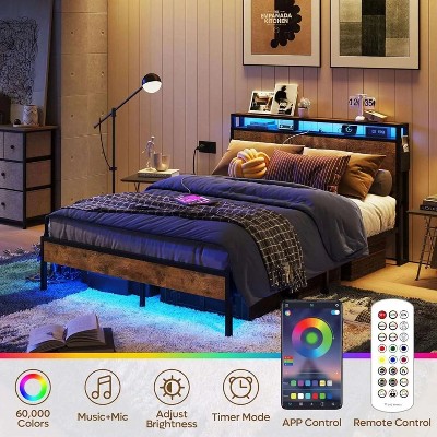 Bestier Queen Size Metal Frame Bed with LED Headboard and Storage