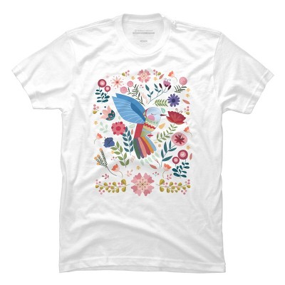 Men's Design By Humans Folk Art Inspired Hummingbird With A Flurry Of Flowers By LittleBunnySunshine T-Shirt