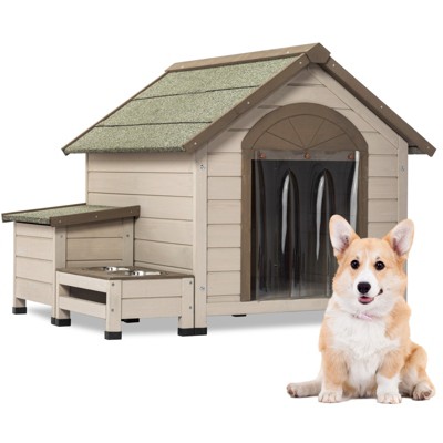 FURNIinspire Outdoor Fir Wood Dog House with an Open Roof,Storage Box, Elevated Feeding Station with 2 Bowls,41"*36"*32"