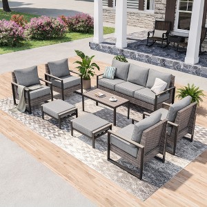 Sonkuki Outdoor Furniture Set Patio Conversation Sofa with Coffee Table Set, All-Weather PE Rattan Couch with Cushion - 1 of 4