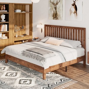 AMERLIFE Solid Wood Bed Frame with Grille Headboard - 1 of 4