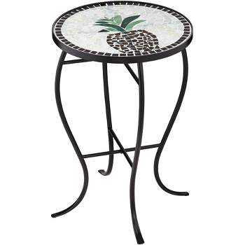 Teal Island Designs Modern Black Round Outdoor Accent Side Table 14" Wide Black Beige Mosaic for Front Porch Patio House Balcony Deck Shed