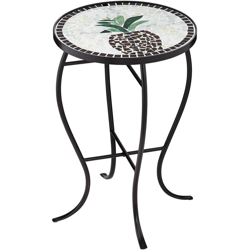 Teal Island Designs Modern Black Round Outdoor Accent Side Table 14" Wide Black Beige Mosaic for Front Porch Patio House Balcony Deck Shed, 1 of 9