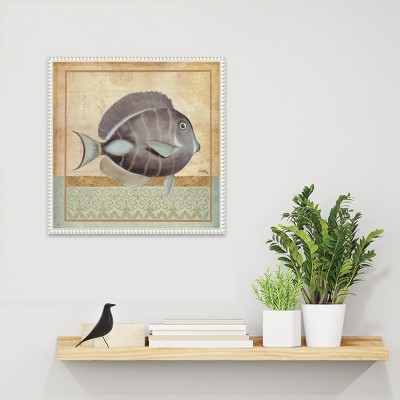 Vintage Fish II Coastal Canvas Wall Art with White Beaded Frame