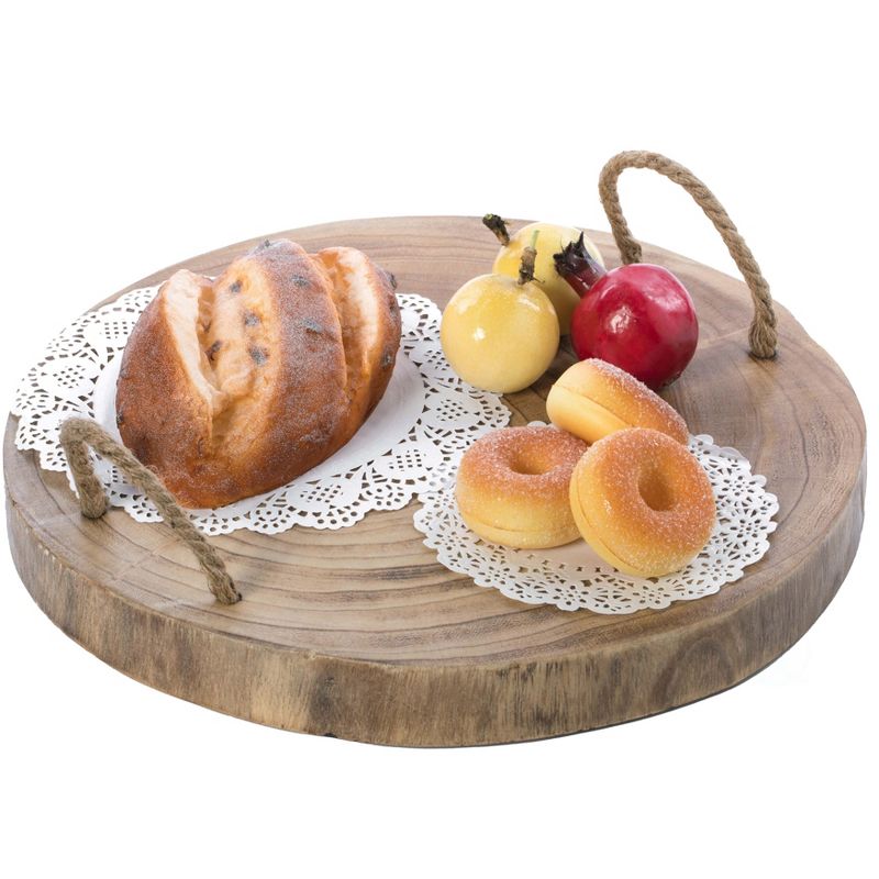 Vintiquewise Wood Round Tray Serving Platter Board with Rope Handles, 1 of 8