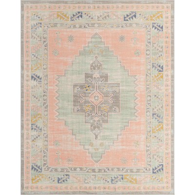 Pink and Ivory Medallion Flat Woven Rectangular 10' x 14' Rug