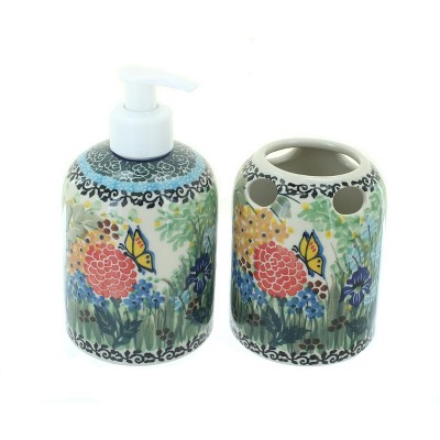 Blue Rose Polish Pottery 573 Ceramika Artystyczna Soap Dispenser & Toothbrush Holder
