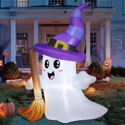 Joyfy 6 FT Tall Halloween Inflatables Outdoor Decorations, Inflatable Cute Ghost Holding Broom with LEDs for Halloween Outdoor Yard Garden Lawn Decor
