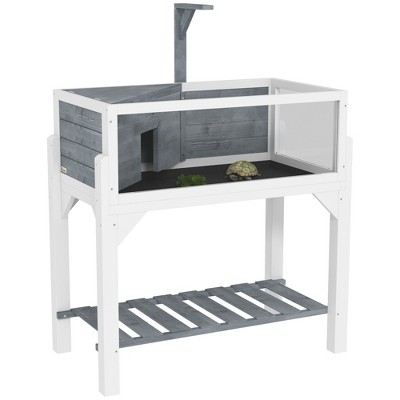 PawHut Tortoise Habitat, Wooden Tortoise Enclosure with Storage Shelf, Clear Windows, Lamp Holder, Openable Top, Built-in Tray, Gray