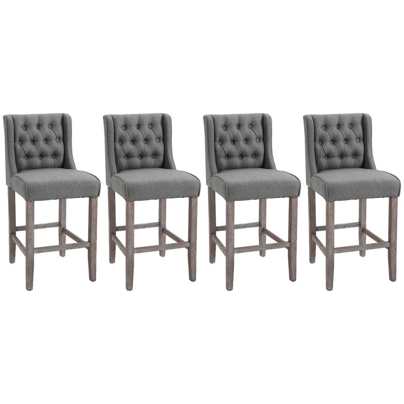 HOMCOM Counter Height Bar Stools, Tufted Wingback Armless Upholstered Dining Chair with Rubber Wood Legs, Set of 4, Gray, 4 of 7