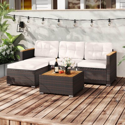 Costway 5 Piece Wicker Conversation Set Patio Rattan Chair & Coffee Table Set for Porch