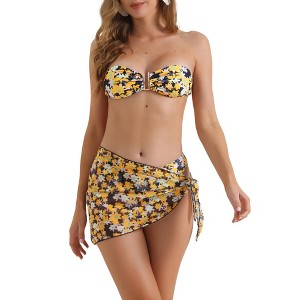 INSPIRE CHIC Women's Floral Print Bandeau Bikini Sets Tie Back Swimwear Triangle Bottoms Bathing Suits 3 Pieces - 1 of 4