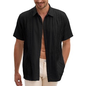 Men's Cotton Linen Shirts Relaxed Fit Short Sleeve Beach Button Down Shirt Button Up Pleats Guayabera Shirts - 1 of 4