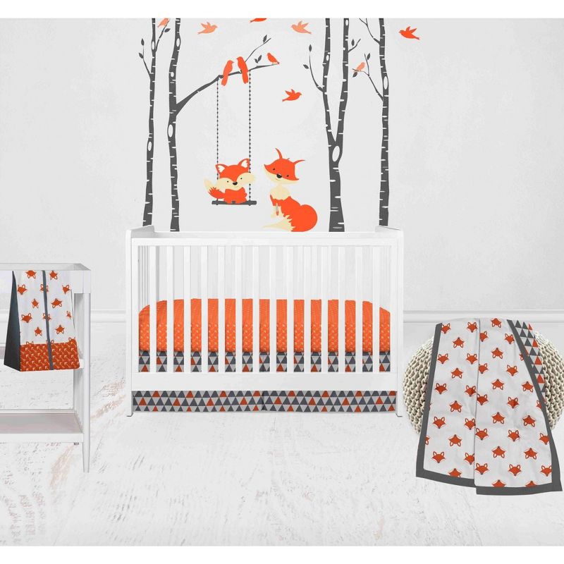 Bacati - Playful Fox Orange Gray 4 pc Crib Bedding Set with Diaper Caddy, 1 of 8