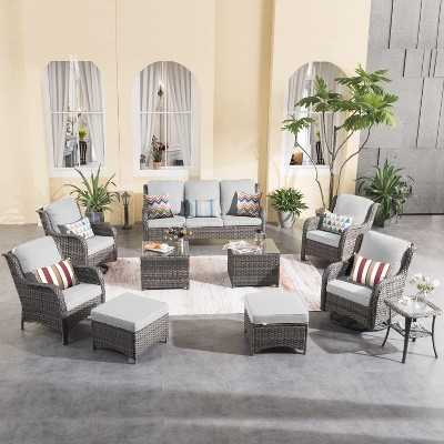 XIZZI Wicker Patio Furniture Set with 3-Seat Sofa, Swivel Rocking Armchairs & Ottomans & Side Table, Modular Sectional Outdoor Conversation Sofa Set