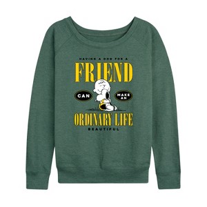 Women's - Peanuts - Dog Friend Make Ordinary Life Beautiful Lightweight French Terry Wide Neck Long Sleeve Shirt - 1 of 4