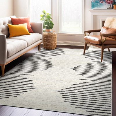 Cream and Black Geometric Stripe Synthetic Area Rug 7'10" x 10'