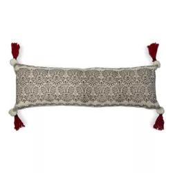 tagltd 12'' x 36'' Lotus Lumbar Pillow Cotton Throw Pillow With Handmade Pom Poms And Tassels Hidden Zipper Closure Couch Sofa Bed Chair