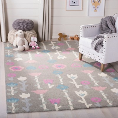 Gray and Pink Floral Hand-Tufted Wool Kids Rug, 3' x 5'
