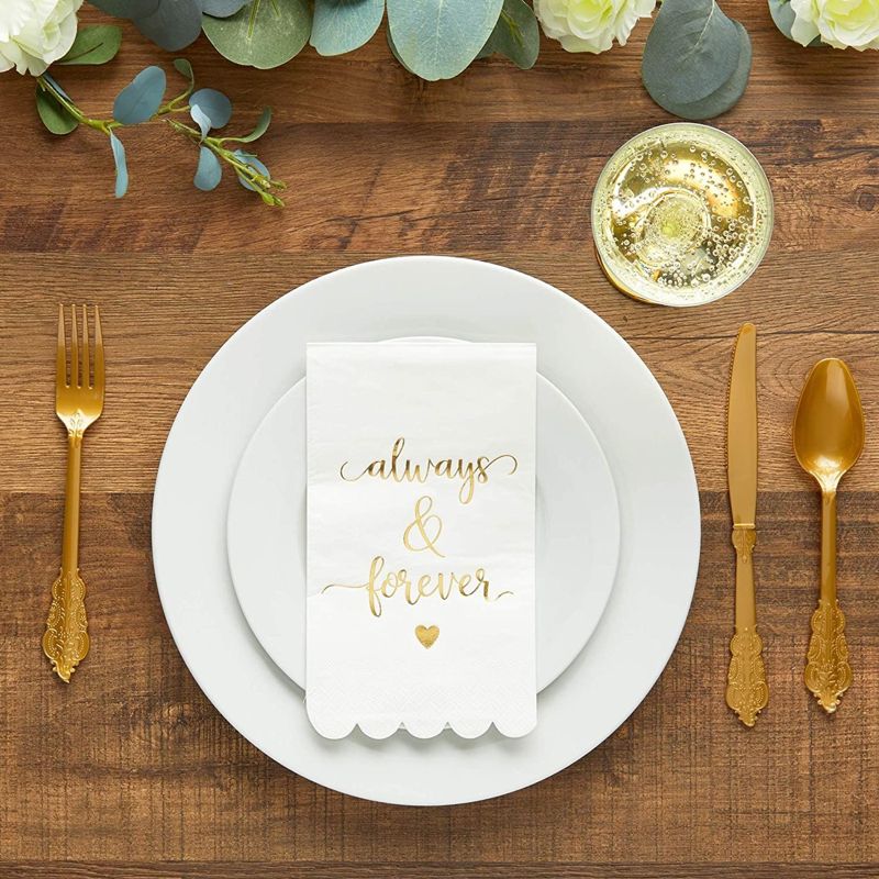 Sparkle and Bash 100 Pack White Napkins for Wedding Reception with Gold Foil Scalloped Edges, Always and Forever, 3-Ply, 4 x 8 In, 2 of 7