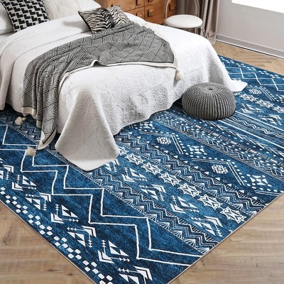 Moroccan Area Rug, Super Soft Ultra-Thin Boho Indoor Floor Carpet, Anti-Slip Foldable Machine Washable Geometric Rug,Blue