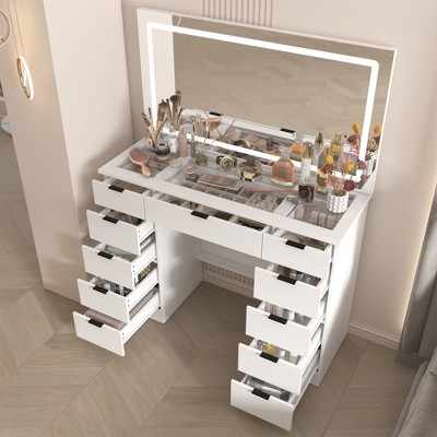 Famapy Stylish White Vanity: Large Mirror, Touch - Screen Lighting, and Ample Storage