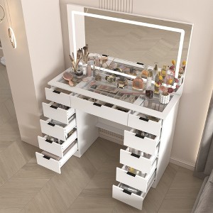 Famapy Stylish White Vanity: Large Mirror, Touch - Screen Lighting, and Ample Storage - 1 of 4