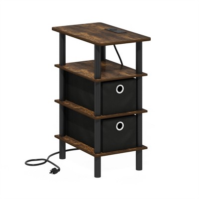 Furinno Turn-N-Tube 4-Tier Side Table, End Table, Nightstand with Bin Drawers, USB and Type-C Charging Port, Amber Pine/Black/Black