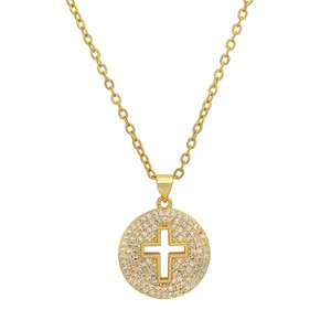 Steeltime Ladies brass simulated diamonds round cross pendant. Color Options: White, Gold - 1 of 4