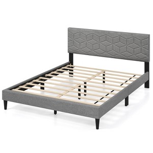 Safstar Queen Size Bed Frame w/Linen Fabric Upholstered Headboard & Wooden Slat Support - 1 of 4