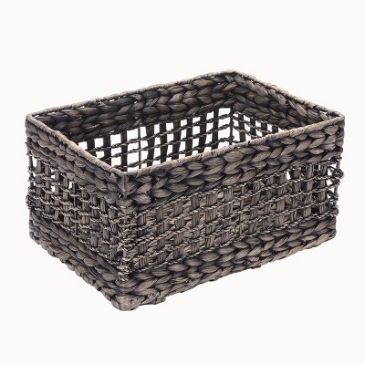 Hastings Home Rectangle Hand Weaved Wicker Baskets made of Water Hyacinth | Nesting Black Seagrass Bins | Set of 2