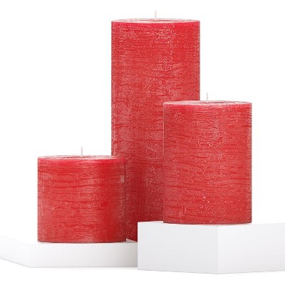 Assorted Pillar Candles Set of 3 ¨C Sizes 3", 4", 8" Unscented Dripless Large Candles, Rustic Style Long Burning for Weddings, Home Decor ¨C Red