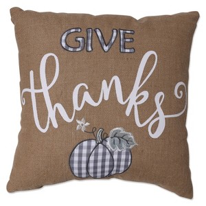 18.5"x18.5" Indoor Thanksgiving Give Thanks Square Throw Pillow - Pillow Perfect: Appliqued & Embroidered, Rustic Jute - 1 of 4